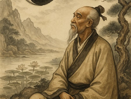 A traditional Daoist ink painting showing an elderly sage seated beside a quiet river, surrounded by mountains, pines, and lotus flowers. The sage gazes toward a floating yin-yang symbol, representing the unity of the nameless source and the ten thousand things.