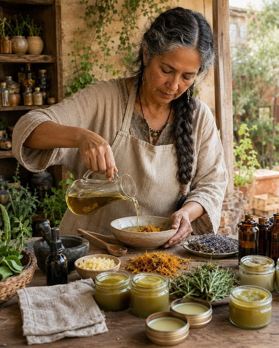 A middle-aged woman with a long dark braid streaked with gray stands at a rustic wooden table in a sunlit herbal workshop, carefully pouring golden oil from a glass pitcher into a ceramic bowl of dried botanicals. Around her are amber bottles, beeswax pellets, lavender, calendula, fresh herbs, open jars of salve, and small tins, creating a grounded and reverent image of making magical oils and herbal salves.
