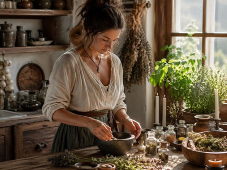 A realistic household witch stands in a sunlit rustic kitchen, quietly mixing herbs in a dark bowl at a wooden table. She wears simple historical clothing, with dried herbs, glass jars, candles, and fresh plants around her, creating a grounded, reverent scene of everyday kitchen magic and domestic spellwork.