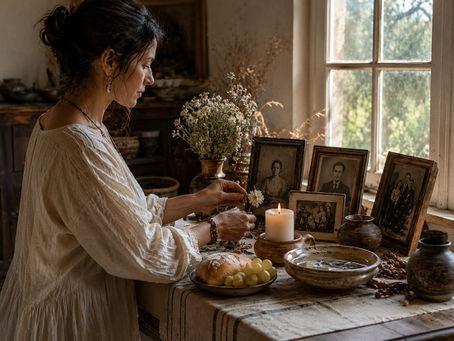A woman stands beside a sunlit ancestral altar, gently placing a white flower near framed family photographs. The altar holds a candle, bread, grapes, water, dried herbs, beads, and ceramic vessels, creating a quiet space of remembrance and respect. The image symbolizes ancestor work: honoring those who came before, tending memory, and building a thoughtful relationship with lineage.