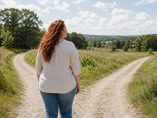 A beautiful plus-size red-haired woman stands quietly at a sunlit fork in a country path, looking out over a wide green landscape beneath a bright blue sky. The two diverging roads suggest direction and choice, while her calm, grounded posture conveys the ACT idea of values as guiding life directions rather than fixed destinations.