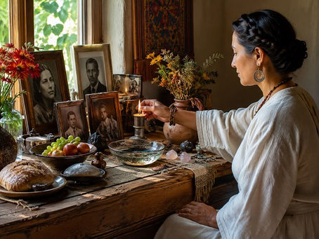 A woman sits beside a sunlit ancestor altar, gently lighting a candle among framed family photographs, flowers, bread, fruit, water, stones, crystals, and ceramic vessels. The altar feels carefully tended and lived with, suggesting an ongoing daily relationship rather than a one-time ritual. The image symbolizes ancestor altar practice: remembrance, offering, care, continuity, and respectful connection with those who came before.