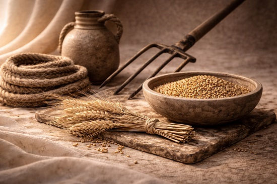 Rustic still life with a stone bowl filled with grain, a bundle of wheat stalks, scattered seeds, a coiled rope, an earthenware jar, and a metal pitchfork resting on a stone slab in warm, earthy light.