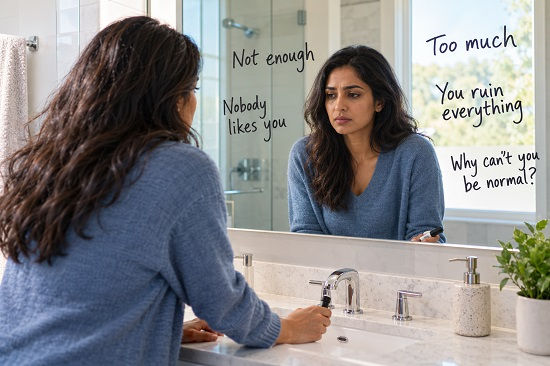 A woman stands at a bright bathroom mirror marked with harsh self-critical phrases, looking at her reflection with a tense, pained expression.