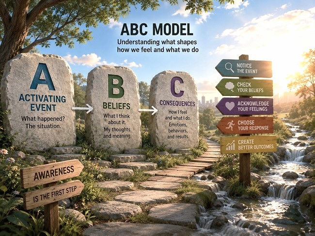 A winding stone pathway crosses a bright, sunlit landscape with flowing water, trees, and distant city buildings. Three large stone markers stand beside the path, each representing a stage in a sequence, with arrows guiding the movement from one marker to the next. The scene creates a visual metaphor for the ABC and ABCDE models in Cognitive Behavioral Therapy, illustrating how events are filtered through beliefs and interpretations, which then influence emotional and behavioral outcomes. Rich natural colors, detailed textures, and clear daylight give the image a sense of movement, connection, and cause-and-effect relationships unfolding over time.