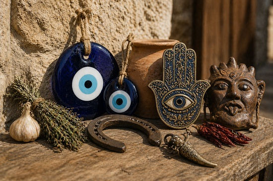 A sunlit still-life arrangement of traditional apotropaic objects placed on a weathered wooden surface against a textured stone wall, including two deep blue glass evil eye amulets, a metal Hamsa hand symbol, an iron horseshoe, a carved protective face talisman, dried herbs, garlic, and red peppers. A small terracotta vessel sits behind the objects, while soft natural daylight highlights the worn surfaces of metal, clay, and glass, emphasizing their role as recognizable protective symbols historically used to ward off harm and unwanted influence across folk traditions.