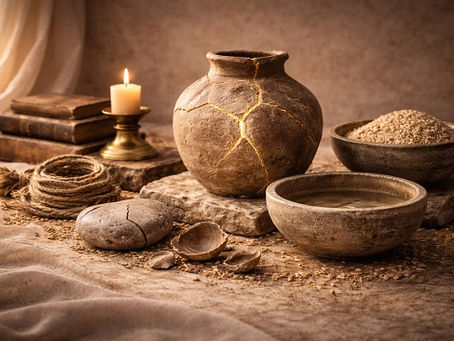Still life with a cracked earthen vessel repaired with golden seams, stone bowls of grain and water, a coiled rope, smooth stones, and a single lit candle on a stone surface in warm, muted light.