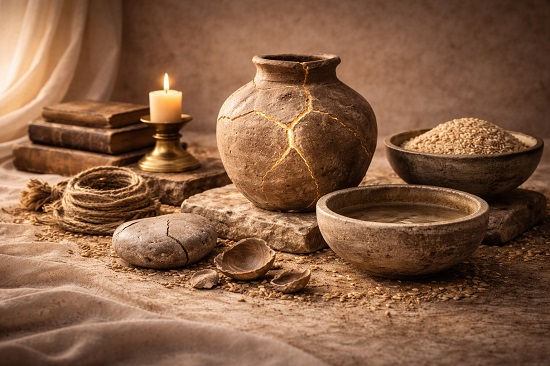 Still life with a cracked earthen vessel repaired with golden seams, stone bowls of grain and water, a coiled rope, smooth stones, and a single lit candle on a stone surface in warm, muted light.