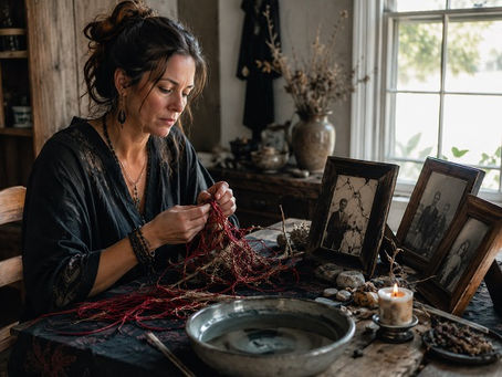 A woman sits at a rustic altar-like table beside old family photographs, a candle, dried herbs, stones, and a bowl of water. In her hands, she carefully works through tangled red threads woven among dried roots and branches, suggesting the complexity of inherited family patterns. The image symbolizes difficult ancestor work, unhealed lineage, boundaries, and the slow process of untangling what has been passed down.
