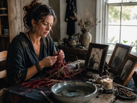A woman sits at a rustic altar-like table beside old family photographs, a candle, dried herbs, stones, and a bowl of water. In her hands, she carefully works through tangled red threads woven among dried roots and branches, suggesting the complexity of inherited family patterns. The image symbolizes difficult ancestor work, unhealed lineage, boundaries, and the slow process of untangling what has been passed down.