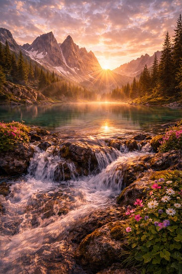 A clear mountain stream flows steadily into a tranquil alpine lake beneath rising peaks and morning light, evoking sustaining presence, perpetual support, and the power that upholds all existence.