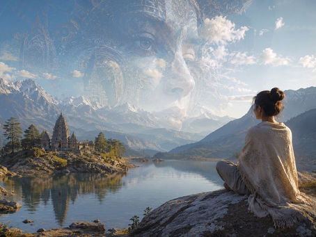 A serene mountain lake reflects a stone temple nestled along the shoreline beneath towering snow-covered peaks. A lone figure sits quietly on a rocky overlook while a vast, translucent human face emerges across the sky, blending into clouds and intricate patterns. The dreamlike composition evokes the philosophical idea that the world we perceive may be a beautiful appearance rather than ultimate reality.