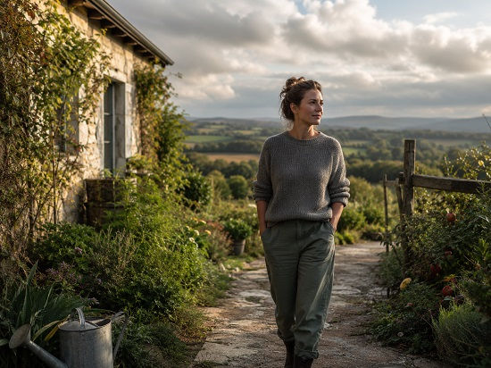 A woman walks slowly along a stone path beside a garden cottage in natural daylight, surrounded by greenery, open countryside, and a wide sky. Her calm, steady posture suggests the ACT idea of living with psychological flexibility: staying open, centered, and engaged while continuing to move through ordinary life with care and direction.