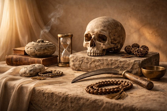 A contemplative still life on a stone surface featuring a human skull resting on a stone block, an hourglass with sand, a curved blade tool, wooden prayer beads, a brass bowl, smooth stones, stacked old books, and a smoking incense vessel. The scene is softly lit and symbolic, evoking mortality, time, and the consequences of human authority.
