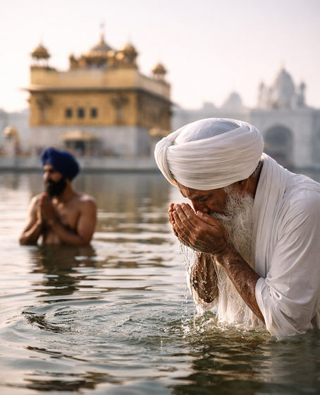An elderly Sikh man wearing a white turban and kurta stands waist-deep in the sacred pool of the Golden Temple, gently cupping water in his hands and bringing it to his face in a quiet act of devotion. Behind him, another Sikh man in white stands in the water with hands folded in prayer, facing the temple. Soft morning light reflects off the calm water and the golden sanctum, creating a serene, reverent atmosphere rooted in Sikh spiritual practice.
