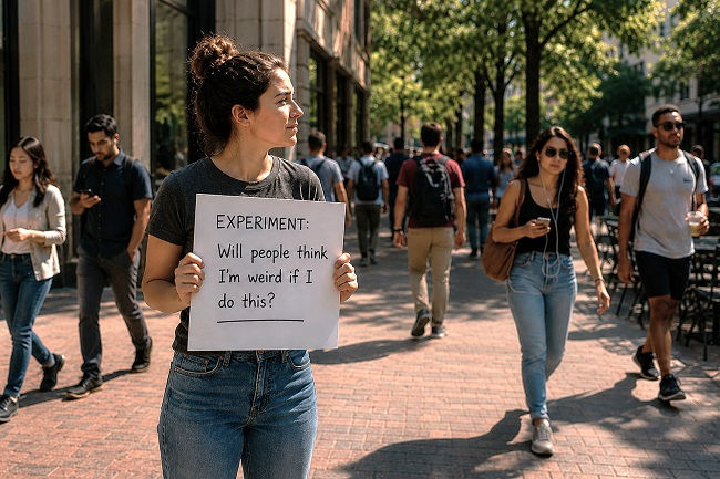 A young woman stands on a busy city sidewalk in bright midday sunlight holding a handwritten sign that reads, “EXPERIMENT: Will people think I’m weird if I do this?” She appears calm but slightly uncertain as pedestrians walk past in every direction. Most people are focused on their own activities—looking at phones, talking, or continuing down the street—rather than paying attention to her. Tall buildings, leafy trees, and warm natural daylight create a realistic urban setting. The image serves as a visual metaphor for behavioral experiments in Cognitive Behavioral Therapy, illustrating how people can test fearful predictions in real life and discover that the outcomes are often less negative than expected.