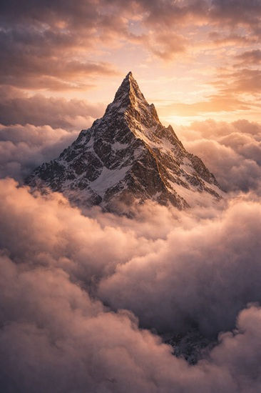 A single snow-capped mountain peak rises above a sea of clouds, illuminated by soft dawn light, evoking absolute oneness, singular majesty, and the indivisible unity beyond all multiplicity.