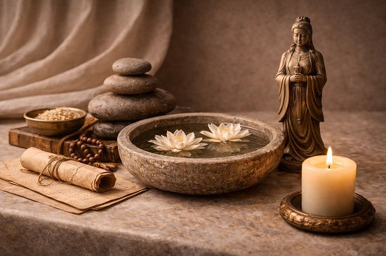 A serene still life on a stone surface featuring a shallow stone bowl filled with water and floating white lotus flowers, a small standing figure, stacked smooth stones, rolled parchment, wooden prayer beads, a small bowl of grains, and a lit candle. The scene is softly lit and conveys stillness, humility, and quiet balance.