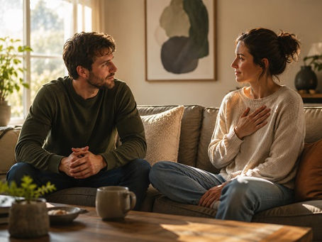 A warmly lit couple sits facing each other on a cozy living room couch in soft natural daylight, their relaxed posture and gentle eye contact suggesting emotional openness, reconnection, and growing safety in the relationship. Earth-toned décor, textured pillows, indoor plants, and cinematic sunlight create a calm, intimate atmosphere representing withdrawer re-engagement and pursuer softening in Emotionally Focused Therapy (EFT).