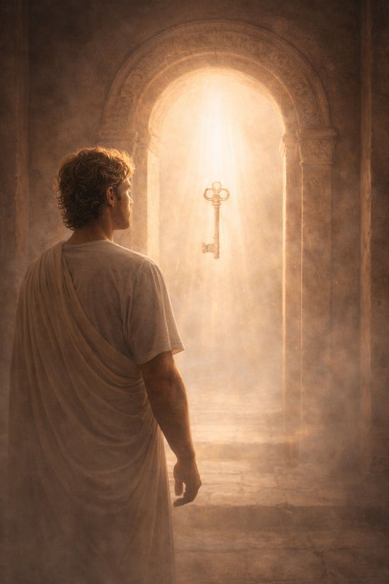 Hermes standing before a radiant inner doorway with a luminous key suspended in light, symbolizing the Master’s Key as perceptual clarity, the opening of the inner gate, and the shift from parts-based perception to Self-led awareness in Tractate IX of the Corpus Hermeticum.
