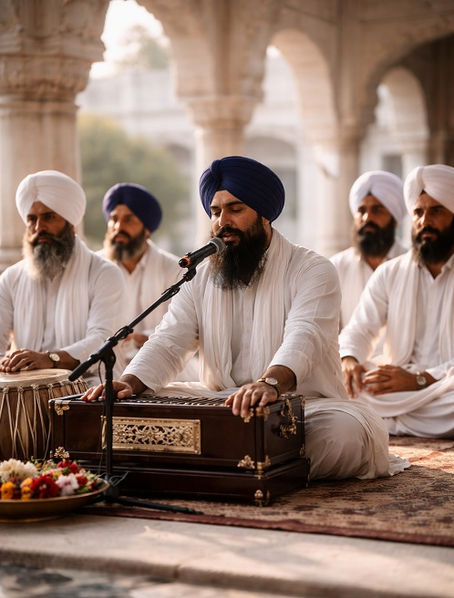 A Sikh kirtan group sits cross-legged beneath stone arches in a gurdwara courtyard, dressed in traditional white clothing and turbans. At the center, a man in a deep blue turban sings into a microphone while playing a harmonium, his expression focused and reverent. Other musicians sit behind him with tabla and attentive postures, as soft daylight filters through the arches, creating a calm, devotional atmosphere rooted in communal prayer and sacred sound.