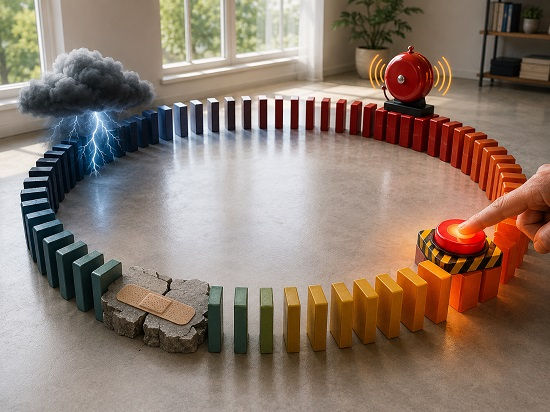 **Alt text:**
A circular loop of colorful dominoes sits in a bright, sunlit room, illustrating the self-reinforcing cycle of OCD. Different sections of the loop are marked by symbolic elements: a dark storm cloud with lightning representing intrusive thoughts, a ringing alarm bell symbolizing anxiety, a glowing emergency button being pressed to represent compulsive behavior, and a cracked surface covered by a temporary patch symbolizing short-lived relief. The continuous circle conveys how obsessions, anxiety, compulsions, and relief repeatedly feed into one another.