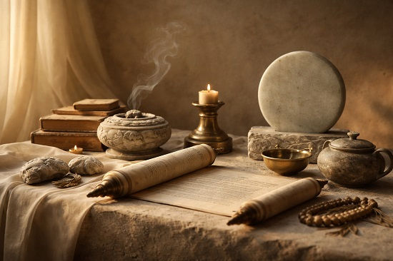 A softly lit still life of ancient objects on a stone table: an unrolled parchment scroll with handwritten text, a small burning candle, a stone incense bowl releasing smoke, stacked old books, a smooth round stone tablet, and simple brass vessels. The scene feels calm, timeless, and contemplative, evoking ancient wisdom and quiet simplicity.