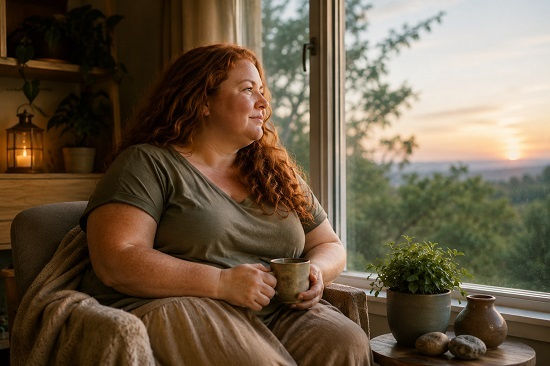 Woman sitting by a window at sunset, holding a mug and looking thoughtfully toward the horizon, surrounded by warm natural light and a peaceful home setting.