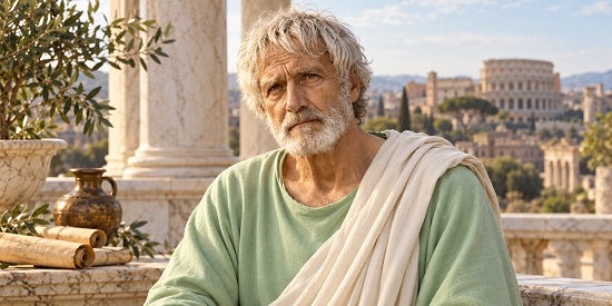 Seneca faces the viewer directly in a calm portrait on a sunlit Roman terrace, wearing a pale green tunic and cream drape with ancient Rome softly blurred behind him.