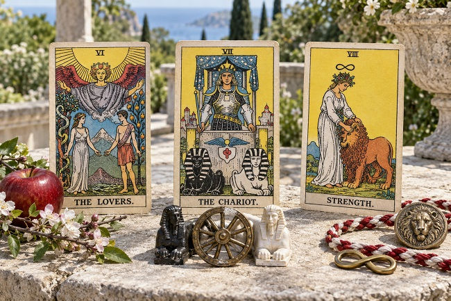Three traditional tarot cards—The Lovers, The Chariot, and Strength—displayed on a sunlit stone terrace overlooking the sea, surrounded by symbolic objects including an apple and blossoms, Egyptian-style sphinx figures, a chariot wheel, an infinity symbol, braided red-and-white cord, and a lion medallion.