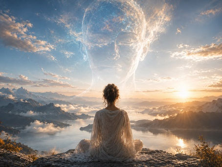 A serene woman in flowing white robes sits cross-legged on a rocky overlook, facing a vast mountain lake beneath a bright daytime sky. Above the landscape, an immense translucent human face formed from luminous light and delicate cosmic filaments dissolves into the clouds, suggesting boundless awareness rather than a physical form. Warm natural sunlight, soft mist, and expansive scenery create a contemplative, timeless image representing consciousness beyond the body.