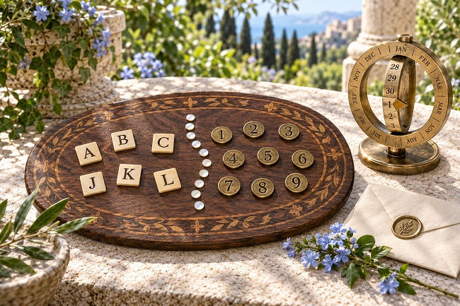Wooden board displaying letter tiles and numbered tokens from one through nine beside a vintage perpetual calendar, illustrating how names and birth dates are converted into numbers in numerology.