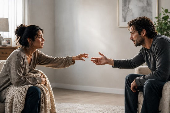 A softly lit cinematic scene of two adults sitting across from each other in a minimalist living room, reaching toward one another with vulnerable expressions as their hands nearly touch. The emotional distance between them reflects attachment needs and longings in Emotionally Focused Therapy, capturing yearning, emotional risk, and the desire for connection and reassurance. Natural daylight and neutral tones create a realistic, intimate atmosphere that emphasizes facial expression and emotional depth.