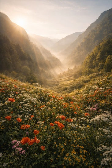 Sunlit mountain valley filled with blooming wildflowers in the foreground, soft golden morning light streaming over layered green hills and misty ridges, symbolizing abundant divine generosity in nature.
