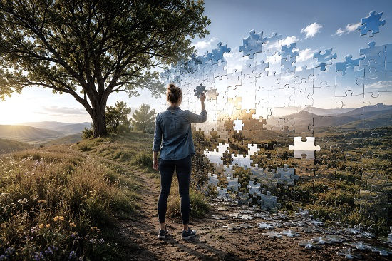 A woman stands on a sunlit hillside overlooking a vast valley while placing a final puzzle piece into a large, semi-transparent puzzle wall suspended in the landscape. The completed sections reveal a coherent view of the mountains and sky beyond, while a few remaining gaps suggest information still being integrated. Wildflowers, a mature tree, and bright natural daylight create a calm, hopeful atmosphere. The image serves as a visual metaphor for the brain's natural ability to organize, connect, and integrate experiences into a larger, meaningful whole.