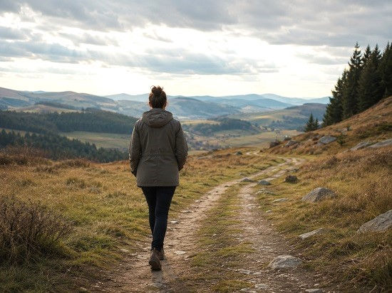 A person walks steadily forward along a winding dirt path through open countryside in natural daylight. Distant hills, scattered trees, and a partly cloudy sky create a calm, grounded atmosphere, while the person’s deliberate step suggests the ACT idea of values becoming action through steady movement and follow-through, even in the presence of uncertainty.