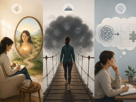 A conceptual comparison image illustrating three approaches to treating OCD. On the left, a woman calmly reflects while looking into a mirror that reveals a clear, peaceful landscape beyond, symbolizing I-CBT's focus on examining the imagined story rather than confronting feared situations. In the center, a person walks across a suspension bridge toward a large dark cloud filled with symbolic fears, representing ERP's emphasis on approaching anxiety-provoking experiences. On the right, a woman sits thoughtfully at a desk while a tangled scribble transforms into a completed puzzle inside a thought bubble, representing traditional CBT's focus on identifying and restructuring thinking patterns. The three scenes are presented side by side in soft natural daylight with no text, inviting visual comparison between the different therapeutic approaches.