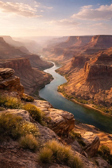 Vast canyon landscape with towering red rock cliffs and a winding river stretching into the horizon under soft golden daylight, symbolizing divine vastness.