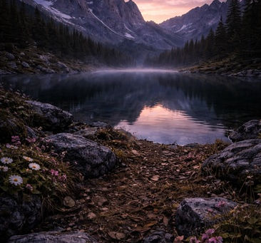 A still alpine lake rests beneath darkening mountain peaks at twilight, fading light reflecting across calm water and quiet stones, evoking the gentle return of all things, the closing of cycles, and the stillness that follows life’s passing.