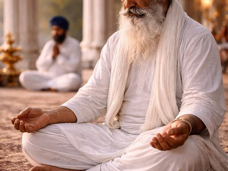 An elderly Sikh man wearing a white turban and traditional white garments sits cross-legged on a patterned carpet inside a gurdwara, his hands resting open on his knees in a posture of meditation. His eyes are gently lowered, and his long white beard frames a calm, inward-focused expression. In the softly blurred background, another Sikh man sits in prayer beneath stone arches, as warm natural daylight fills the sacred space with stillness and reverence.