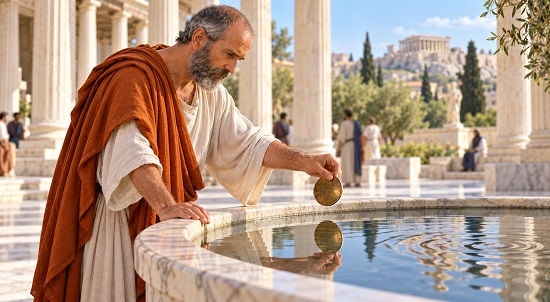 Zeno studies a bronze disk reflected in a marble basin, comparing a clear reflection with rippled water to consider how we know what is true.