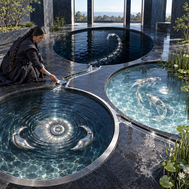 A landscape artist tends three circular reflecting pools featuring a protective silver shell, a submerged scorpion tail, and two circling koi to represent the Moon through the Water signs.