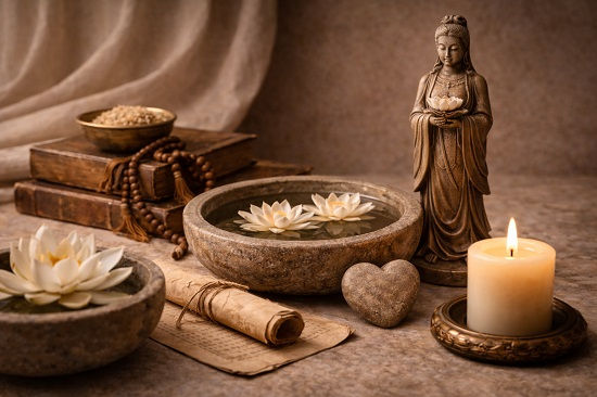A calm still life on a stone surface featuring two shallow stone bowls filled with water and floating white lotus flowers, a small standing statue, a lit candle, stacked old books, wooden prayer beads, rolled parchment, and a small heart-shaped stone. The scene is softly lit and evokes gentleness, compassion, and quiet balance.