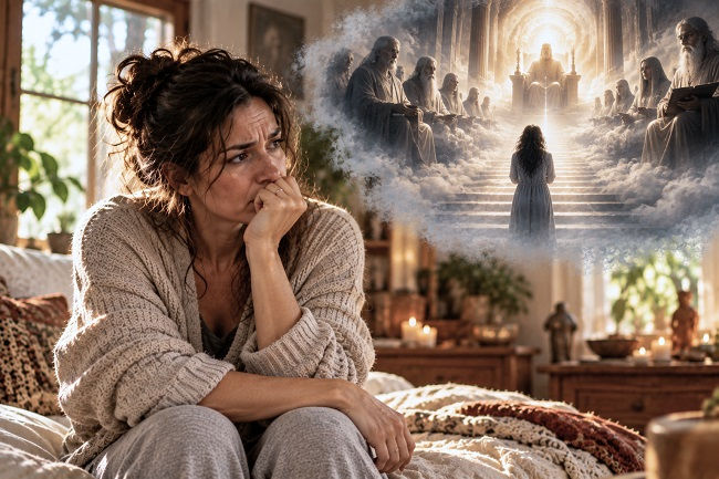 A woman sits anxiously in her warm, sunlit bedroom while a translucent mental vision shows herself approaching an immense celestial place of judgment, representing the fear of being judged after death and uncertainty about what may come afterward.