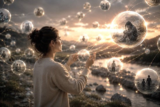 A woman stands beside a gently flowing river at sunset, surrounded by dozens of translucent spheres suspended in the air. Each sphere contains a different life scene or memory, connected by delicate strands of glowing light that weave between them like an intricate network. One larger sphere in front of her contains a distressed child, while the surrounding spheres show other moments and experiences linked throughout the network. Warm natural light reflects across the water and illuminates the interconnected memories, creating a visual metaphor for reprocessing difficult experiences and integrating them into a broader, more connected life story.