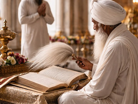 An elderly Sikh granthi sits cross-legged inside a gurdwara, wearing a white turban and robes, reverently reading from the open Guru Granth Sahib placed on a low, draped platform. He gently waves a chaur sahib over the scripture while another Sikh man stands behind him in prayer with folded hands. Soft natural daylight illuminates marble arches, floral offerings, and golden ceremonial vessels, creating a calm, sacred atmosphere of devotion and humility.