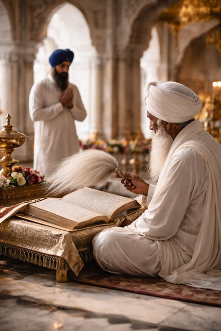 An elderly Sikh granthi sits cross-legged inside a gurdwara, wearing a white turban and robes, reverently reading from the open Guru Granth Sahib placed on a low, draped platform. He gently waves a chaur sahib over the scripture while another Sikh man stands behind him in prayer with folded hands. Soft natural daylight illuminates marble arches, floral offerings, and golden ceremonial vessels, creating a calm, sacred atmosphere of devotion and humility.