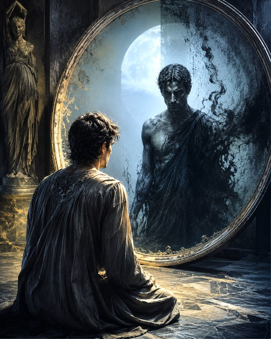 A man kneels before a large oval mirror, facing a dark, imposing version of himself emerging through black, smoke-like shadows. Pale moonlight illuminates the reflected figure clearly, representing the Jungian shadow as hidden or rejected aspects of the self brought into conscious awareness.
