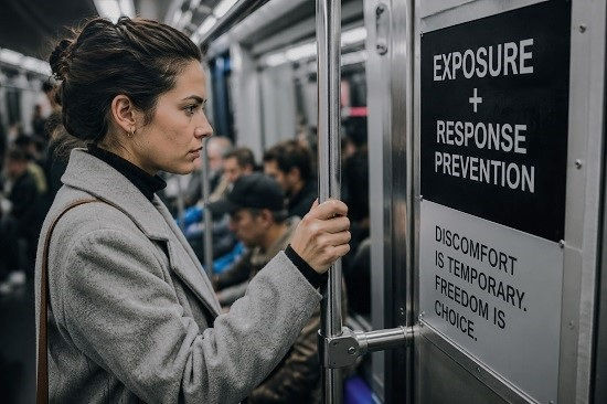 A thoughtful woman stands inside a crowded subway car, gripping a metal pole while looking toward a sign that reads “Exposure + Response Prevention.” The scene conveys determination and resilience as she remains present in an uncomfortable situation. Other passengers sit in the background, and the realistic urban setting illustrates the practice of facing fears without relying on avoidance or safety behaviors.