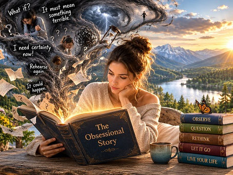 A woman sits peacefully reading a large book titled The Obsessional Story as a dark whirlwind of imagined fears, questions, and catastrophic conclusions rises from its pages, contrasting with the calm mountain lake and sunrise behind her. A nearby stack of books labeled “Observe,” “Question,” “Rethink,” “Let It Go,” and “Live Your Life” symbolizes stepping out of the obsessional story and returning to reality.